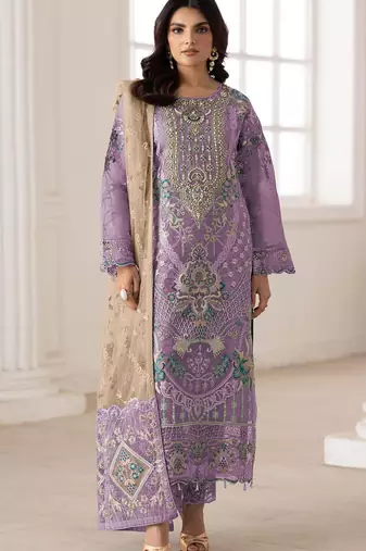Purple silk semi stitched suit with embroidery & sequence work