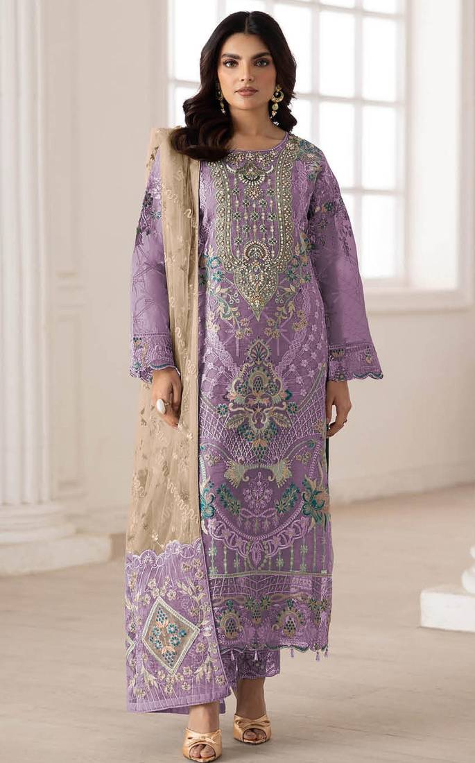 Purple silk semi stitched suit with embroidery & sequence work