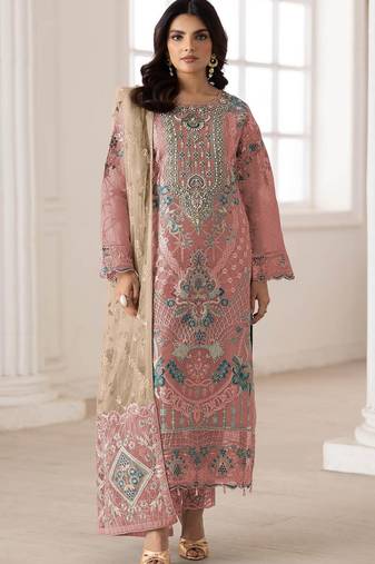 Peach silk semi stitched suit with embroidery & sequence work
