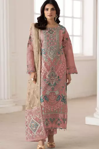 Peach silk semi stitched suit with embroidery & sequence work
