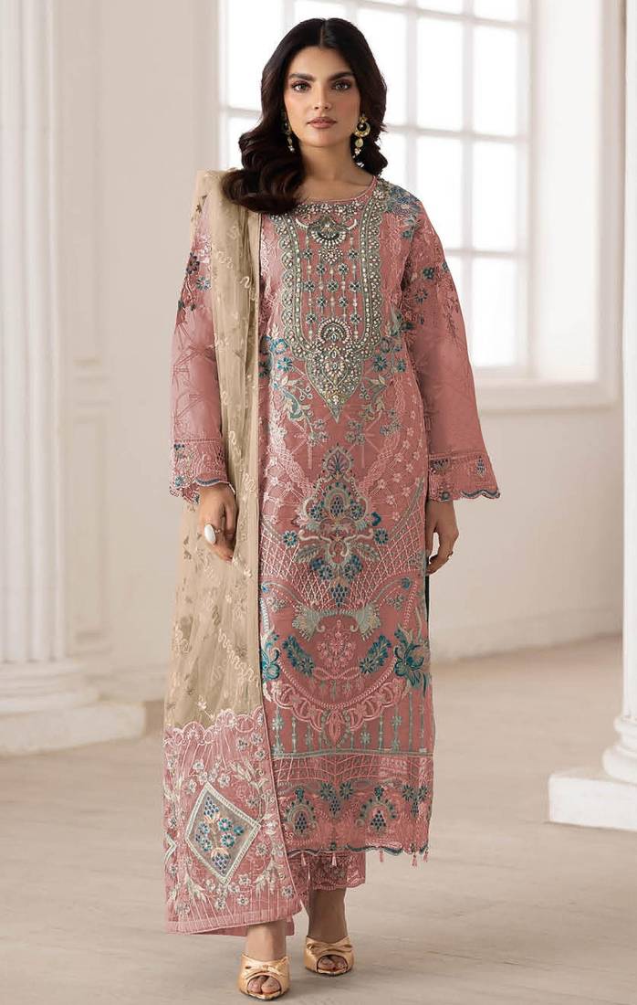Peach silk semi stitched suit with embroidery & sequence work