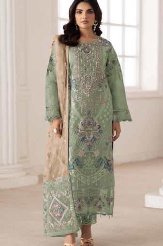 green silk embroidered semi stitched salwar kameez set