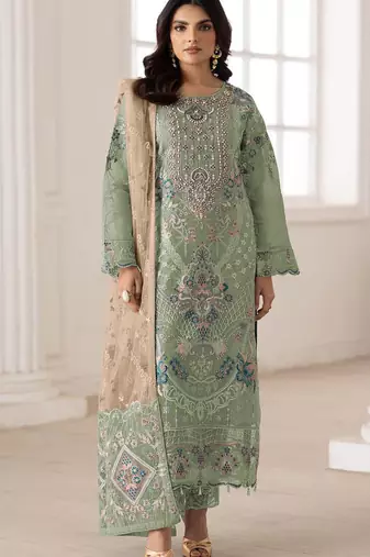 Green silk semi stitched suit with embroidery & sequence work