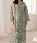 Green silk semi stitched suit with embroidery & sequence work