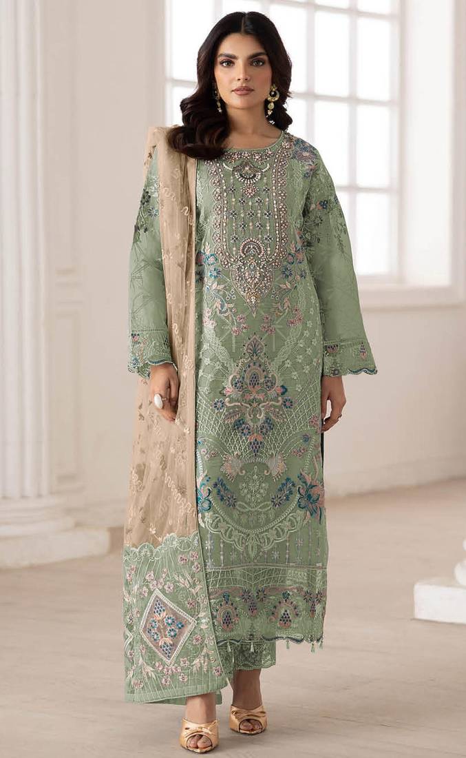 Green silk semi stitched suit with embroidery & sequence work