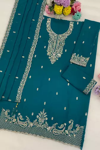 teal blue faux georgette embroidered semi stitched sharara