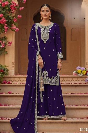 Violet faux georgette semi stitched suit with embroidery & sequence work