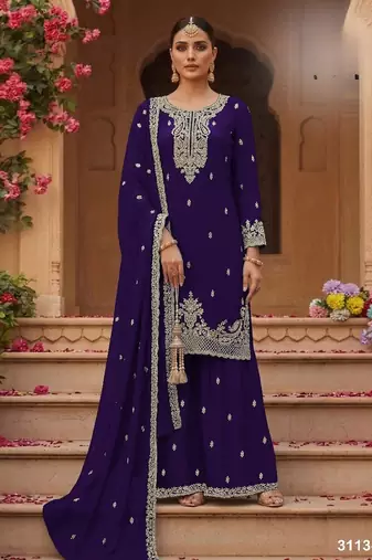 Violet faux georgette semi stitched suit with embroidery & sequence work