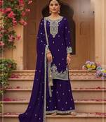 violet faux georgette embroidered semi stitched sharara set