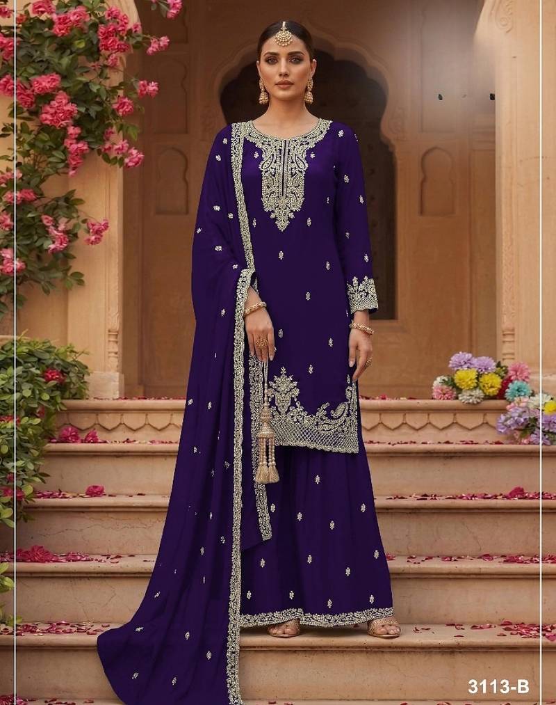 Violet faux georgette semi stitched suit with embroidery & sequence work