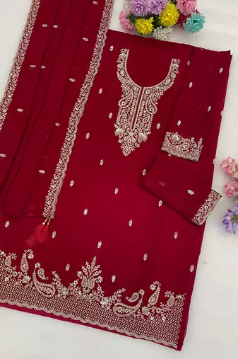red faux georgette embroidered semi stitched sharara set