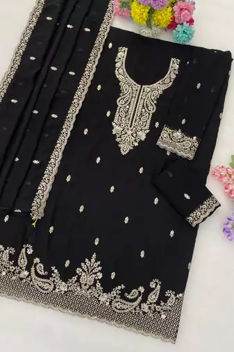 black faux georgette embroidered semi stitched sharara set