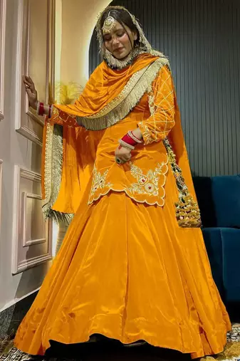 Yellow Embroidery Crep  Lehenga Dupatta With Top