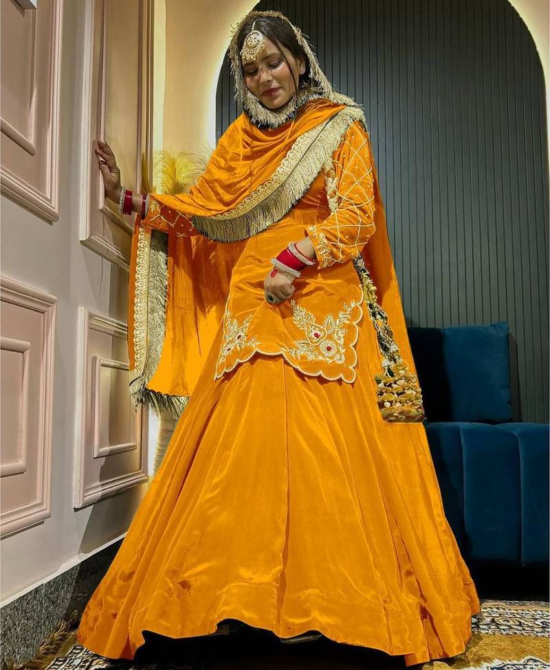 Yellow Embroidery Crep  Lehenga Dupatta With Top