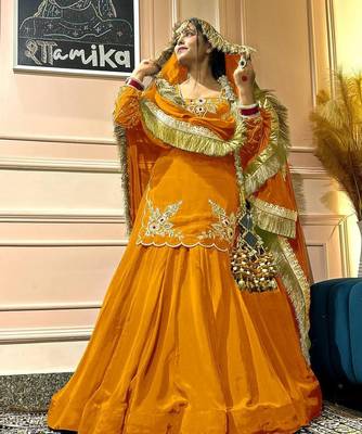 Yellow Embroidery Crep Lehenga Dupatta With Top 2
