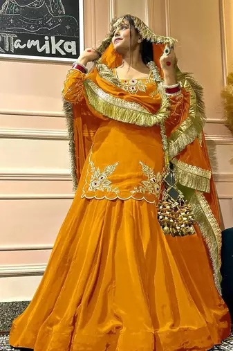 Yellow Embroidery Crep Lehenga Dupatta With Top