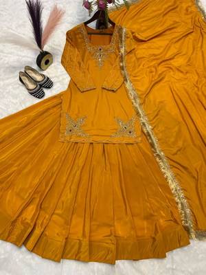 Yellow Embroidery Crep Lehenga Dupatta With Top 4