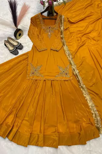 Yellow Embroidery Crep Lehenga Dupatta With Top