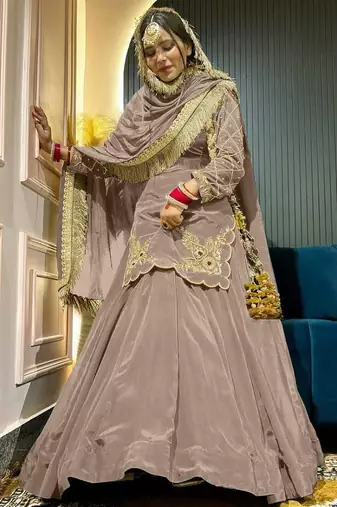 Cream Embroidery Crep  Lehenga Dupatta With Top