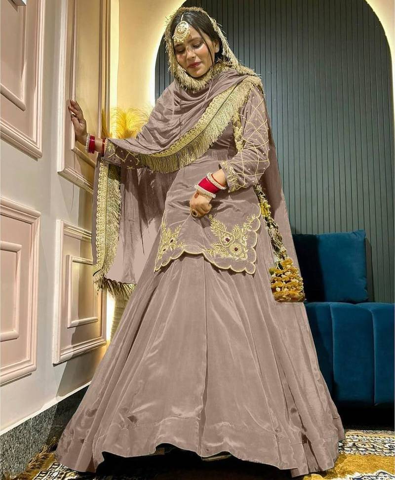 Cream Embroidery Crep  Lehenga Dupatta With Top