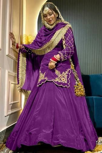 Purple Embroidery Crep  Lehenga Dupatta With Top