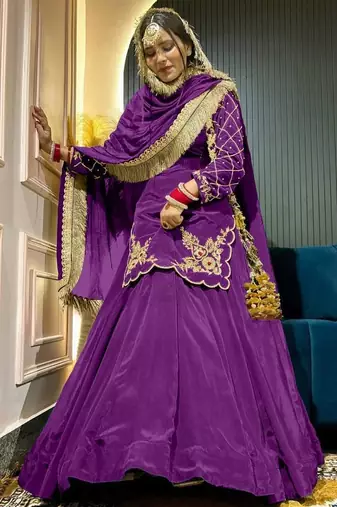 Purple Embroidery Crep  Lehenga Dupatta With Top