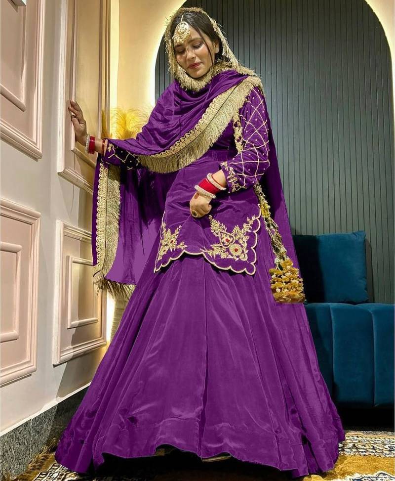 Purple Embroidery Crep  Lehenga Dupatta With Top