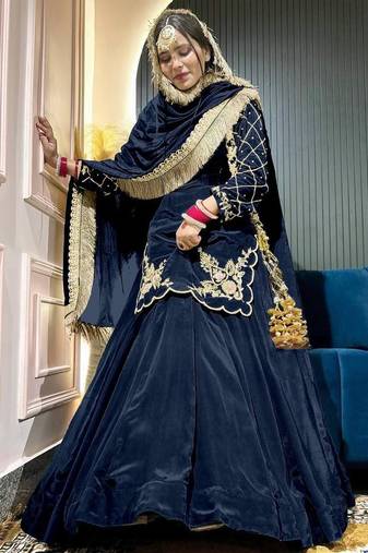 Blue Embroidery Crep  Lehenga Dupatta With Top
