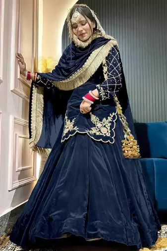 Blue Embroidery Crep  Lehenga Dupatta With Top