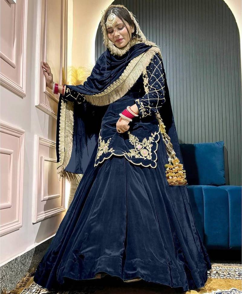 Blue Embroidery Crep  Lehenga Dupatta With Top
