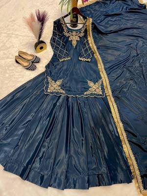 Blue Embroidery Crep Lehenga Dupatta With Top 3