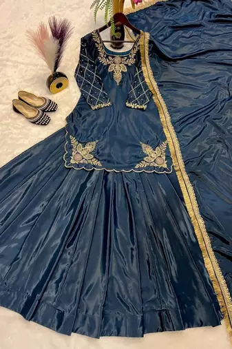 Blue Embroidery Crep Lehenga Dupatta With Top