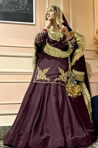 coffee crepe silk blend embroidered lehenga set with dupatta