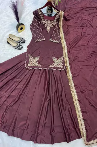 coffee crepe silk blend embroidered lehenga set with dupatta