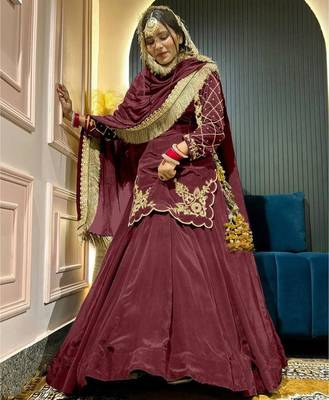 maroon crepe silk blend embroidered lehenga set with dupatta 1
