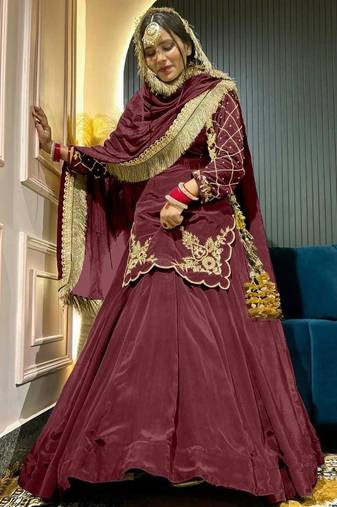 maroon crepe silk embroidered lehenga set with dupatta