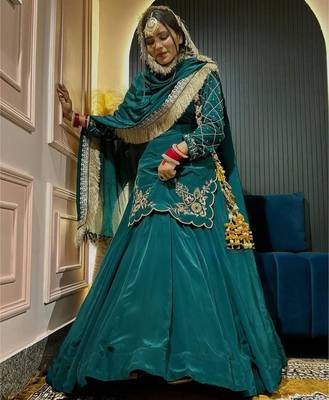 green crepe silk blend embroidered lehenga set with dupatta 1