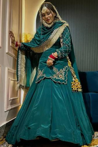 green crepe silk embroidered lehenga set with dupatta