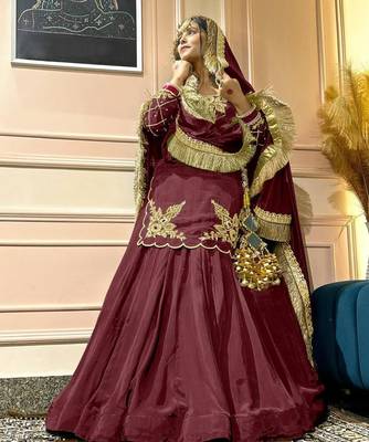 maroon crepe silk blend embroidered lehenga set with dupatta 2