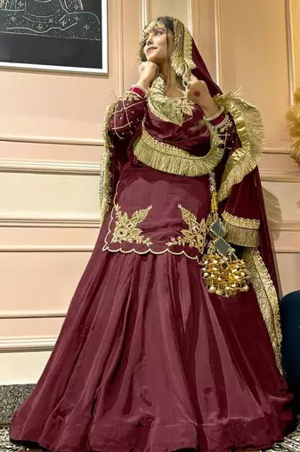 maroon crepe silk blend embroidered lehenga set with dupatta