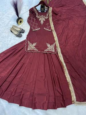 maroon crepe silk blend embroidered lehenga set with dupatta 3