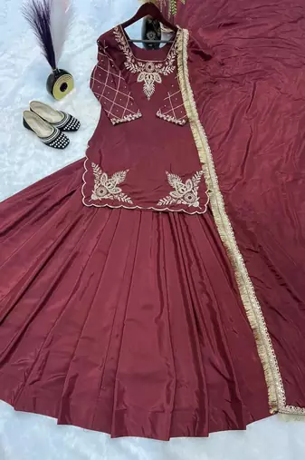 maroon crepe silk blend embroidered lehenga set with dupatta
