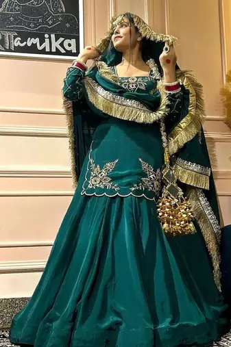 green crepe silk blend embroidered lehenga set with dupatta