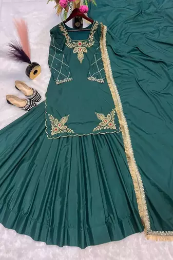 green crepe silk blend embroidered lehenga set with dupatta