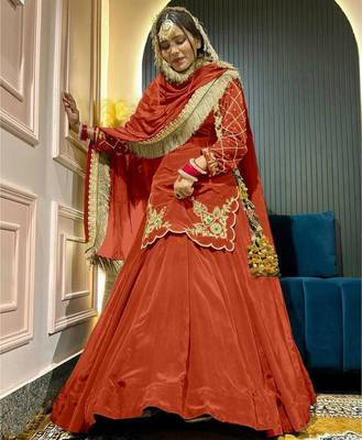 orange crepe silk blend embroidered lehenga set with dupatta 1