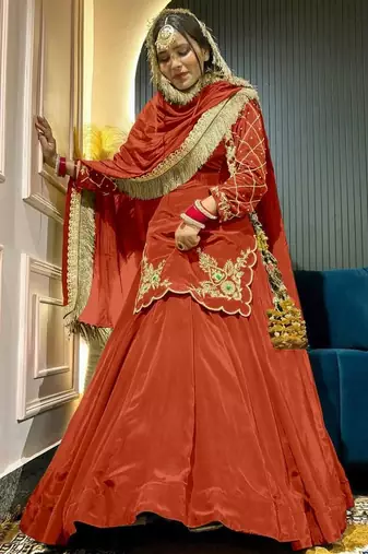 Orange Embroidery Crep  Lehenga Dupatta With Top