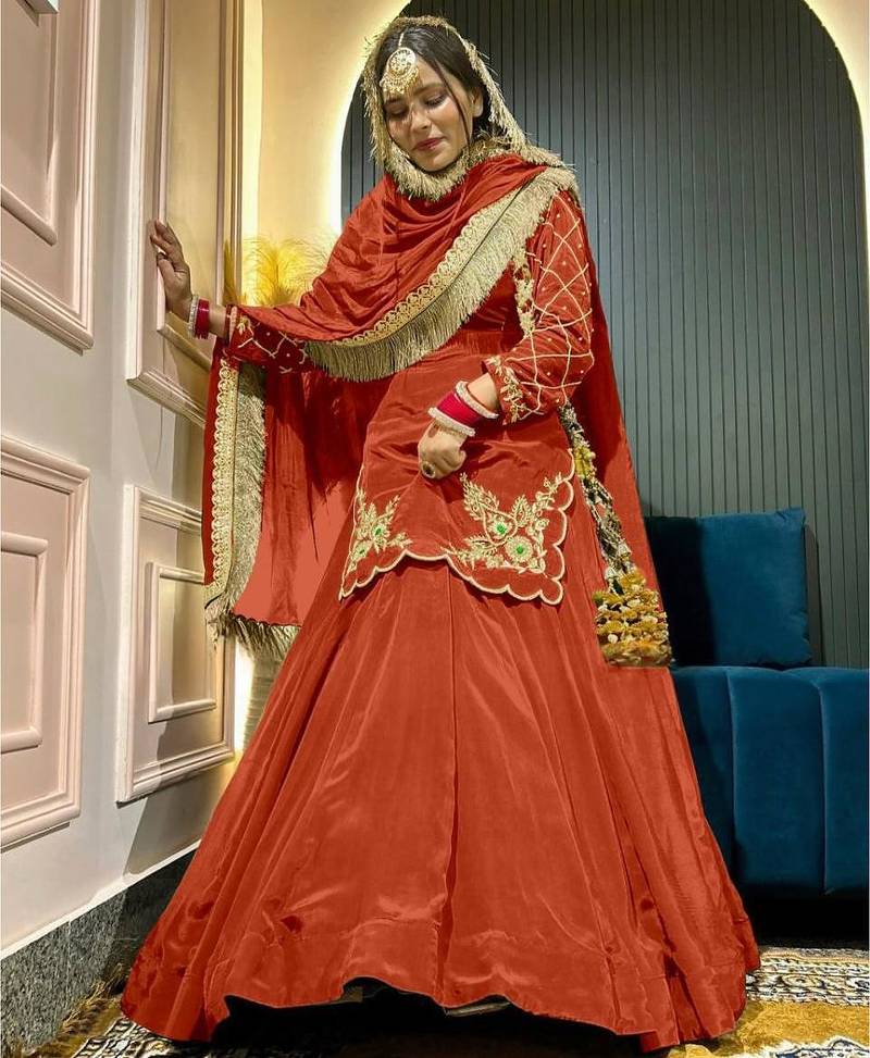 Orange Embroidery Crep  Lehenga Dupatta With Top
