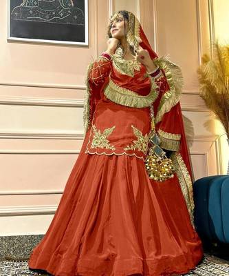 orange crepe silk blend embroidered lehenga set with dupatta 2