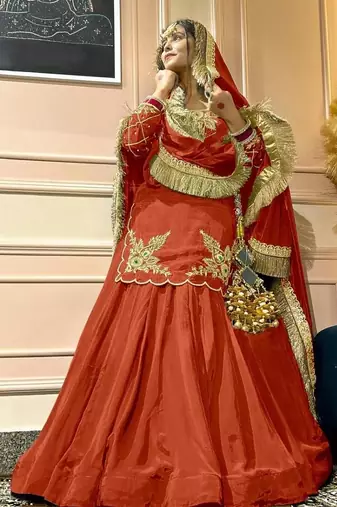 orange crepe silk blend embroidered lehenga set with dupatta