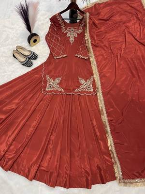 orange crepe silk blend embroidered lehenga set with dupatta 3